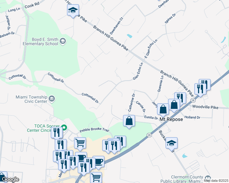map of restaurants, bars, coffee shops, grocery stores, and more near 5021 Silvermine Court in Milford
