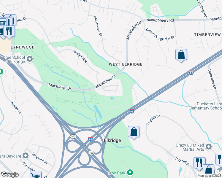 map of restaurants, bars, coffee shops, grocery stores, and more near 6155 Shadywood Road in Elkridge