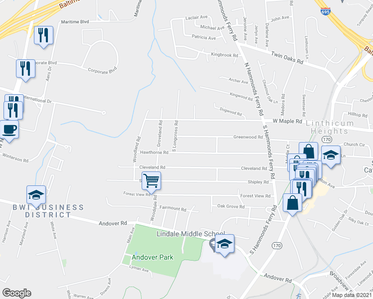 map of restaurants, bars, coffee shops, grocery stores, and more near 522 Hawthorne Road in Linthicum Heights