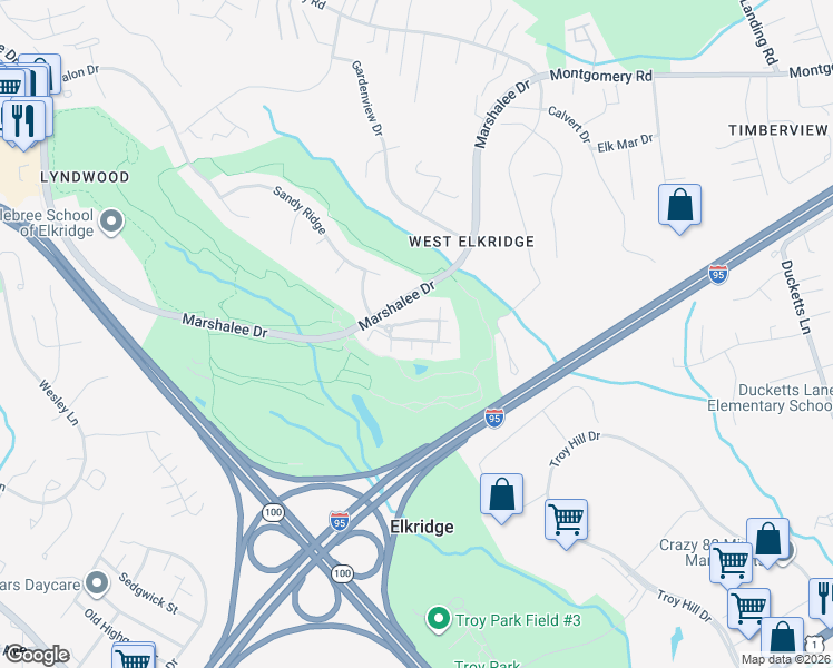 map of restaurants, bars, coffee shops, grocery stores, and more near 7335 Brookview Road in Elkridge