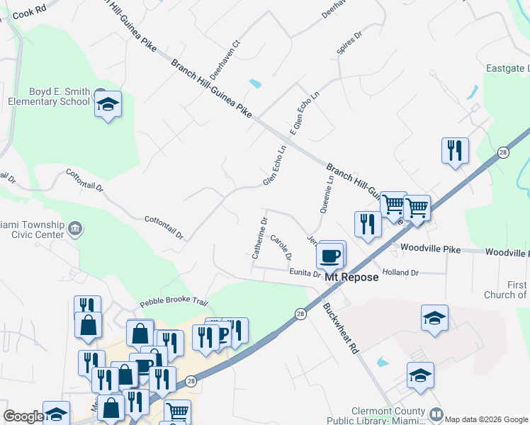map of restaurants, bars, coffee shops, grocery stores, and more near 6082 Jerry-Lee Drive in Milford