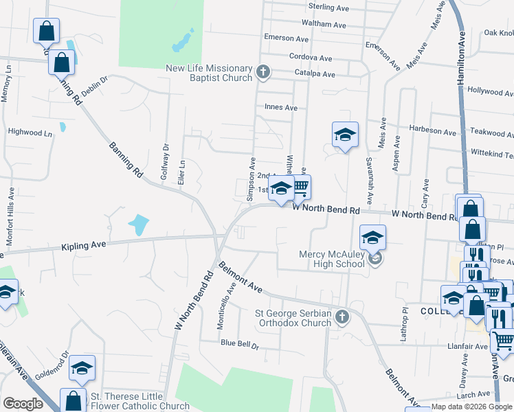 map of restaurants, bars, coffee shops, grocery stores, and more near 2062 West North Bend Road in Cincinnati