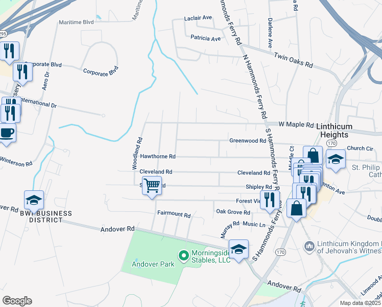 map of restaurants, bars, coffee shops, grocery stores, and more near 520 Hawthorne Road in Linthicum Heights