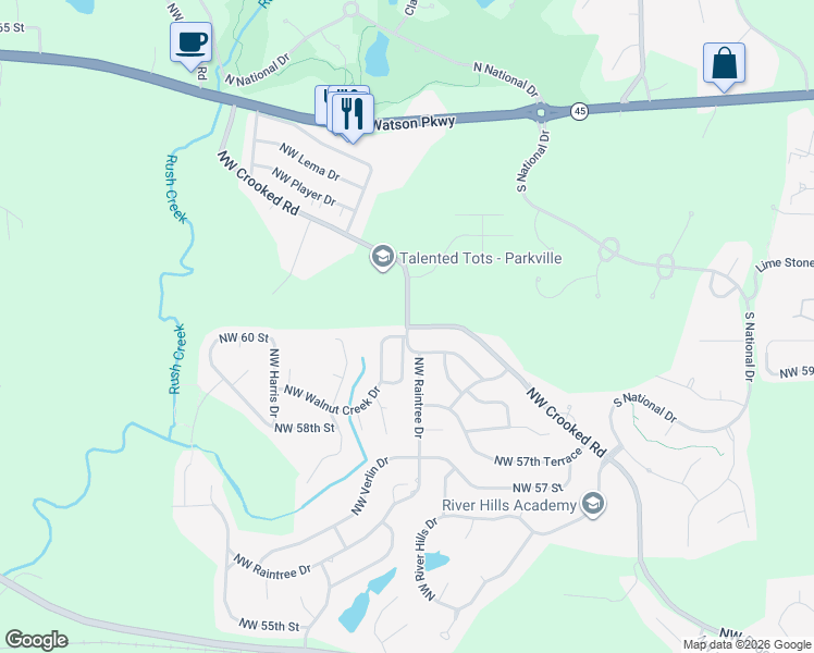 map of restaurants, bars, coffee shops, grocery stores, and more near 10720 Northwest Crooked Road in Kansas City