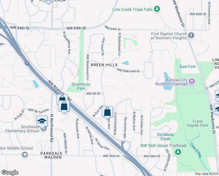 map of restaurants, bars, coffee shops, grocery stores, and more near 3701 Northwest 60 Terrace in Kansas City