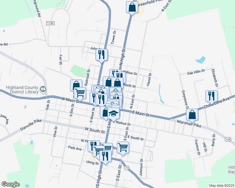 map of restaurants, bars, coffee shops, grocery stores, and more near 213 North High Street in Hillsboro