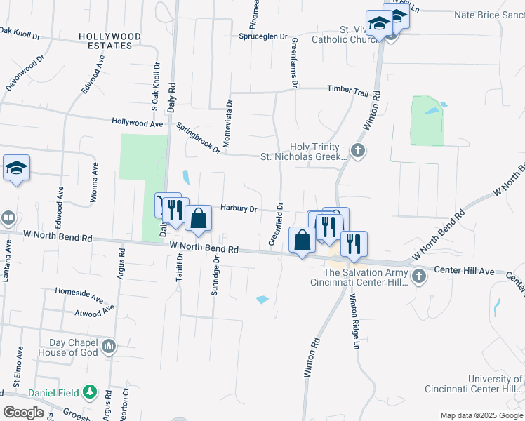 map of restaurants, bars, coffee shops, grocery stores, and more near 992 Harbury Drive in Cincinnati
