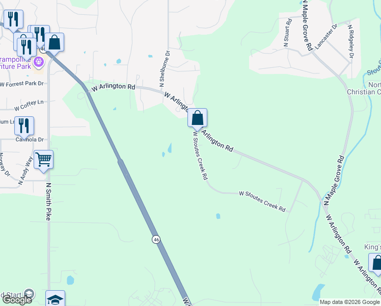 map of restaurants, bars, coffee shops, grocery stores, and more near 4123 West Stoutes Creek Road in Bloomington
