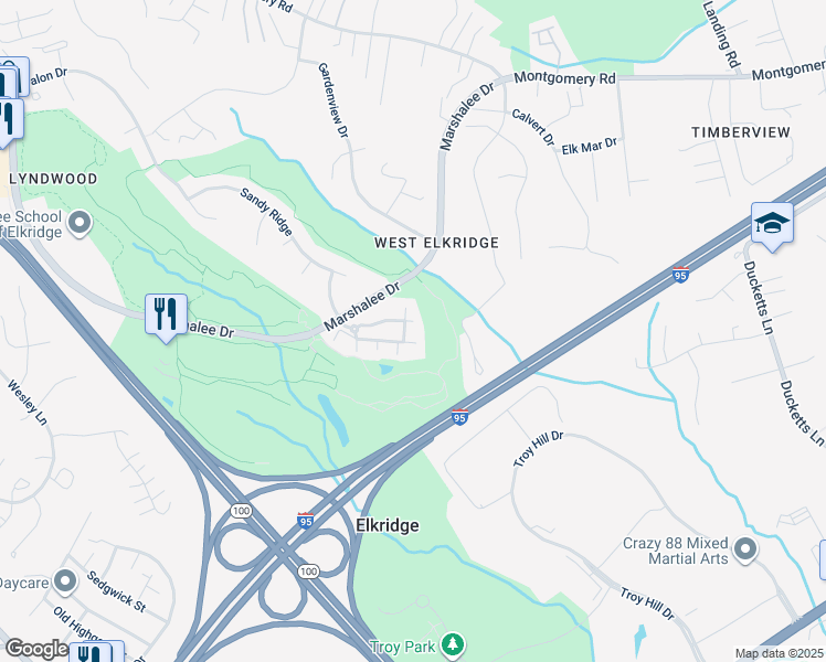 map of restaurants, bars, coffee shops, grocery stores, and more near 6155 Shadywood Road in Elkridge