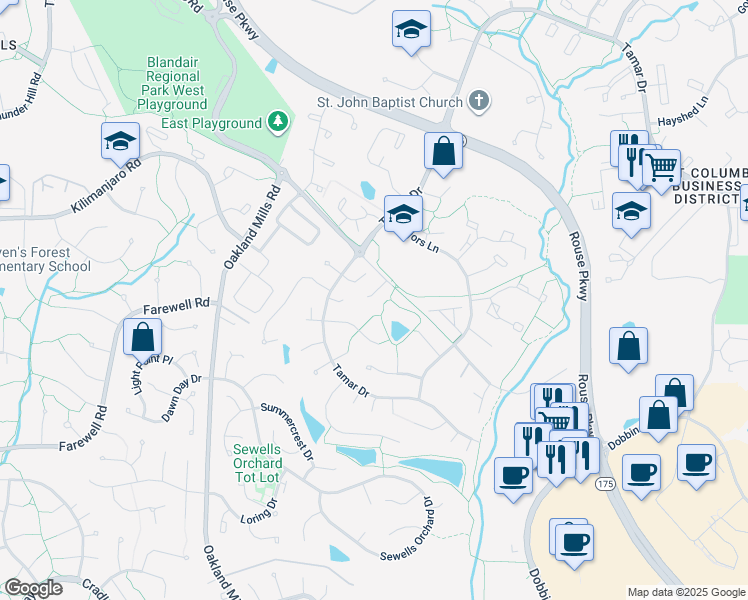 map of restaurants, bars, coffee shops, grocery stores, and more near 9111 Brunner's Run Court in Columbia