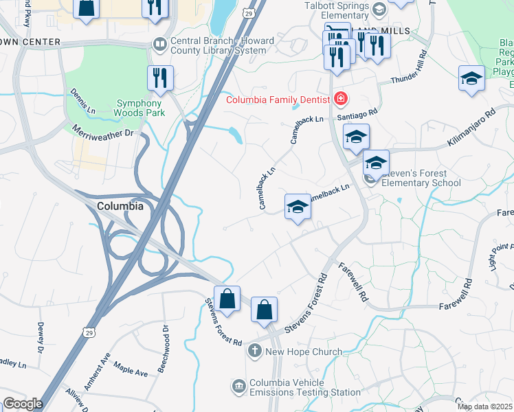 map of restaurants, bars, coffee shops, grocery stores, and more near 6066 Camelback Lane in Columbia
