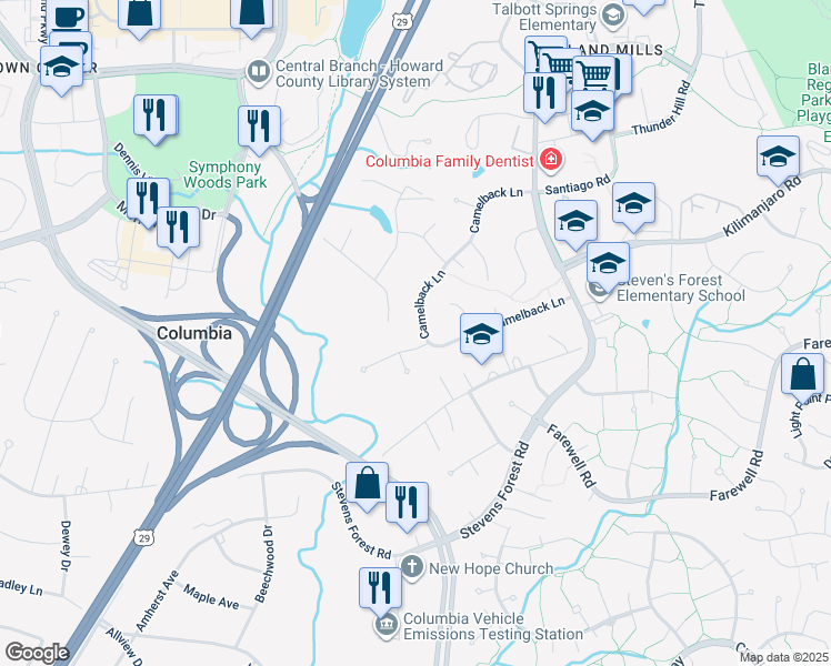 map of restaurants, bars, coffee shops, grocery stores, and more near 6066 Camelback Lane in Columbia