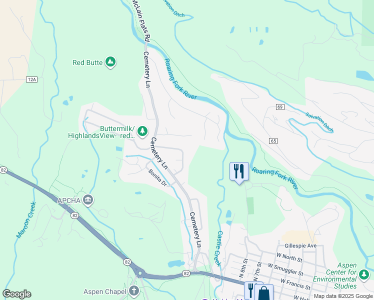 map of restaurants, bars, coffee shops, grocery stores, and more near 1270 Snowbunny Ln in Aspen