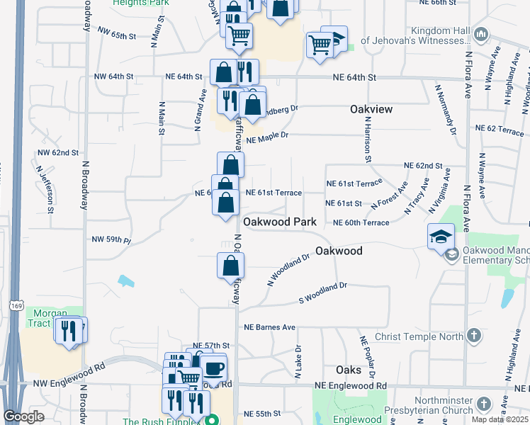 map of restaurants, bars, coffee shops, grocery stores, and more near Northeast Moreland Drive in Kansas City