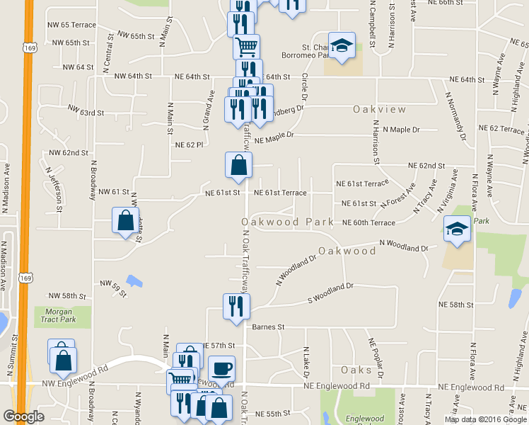 map of restaurants, bars, coffee shops, grocery stores, and more near Northeast Moreland Drive in Kansas City