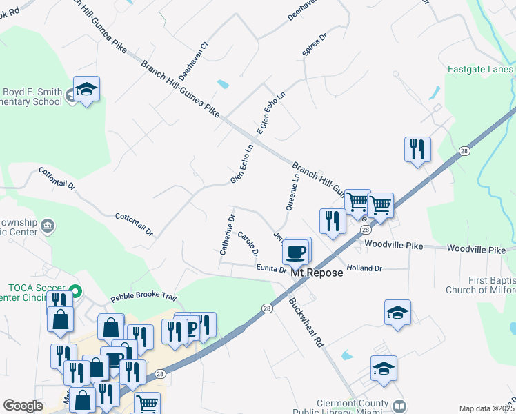 map of restaurants, bars, coffee shops, grocery stores, and more near 6072 Jerry-Lee Drive in Milford