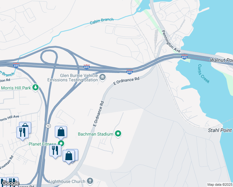 map of restaurants, bars, coffee shops, grocery stores, and more near 700 East Ordnance Road in Baltimore
