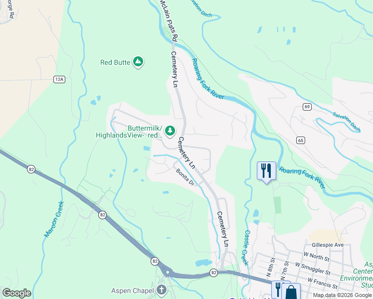 map of restaurants, bars, coffee shops, grocery stores, and more near 1392 Snowbunny Lane in Aspen