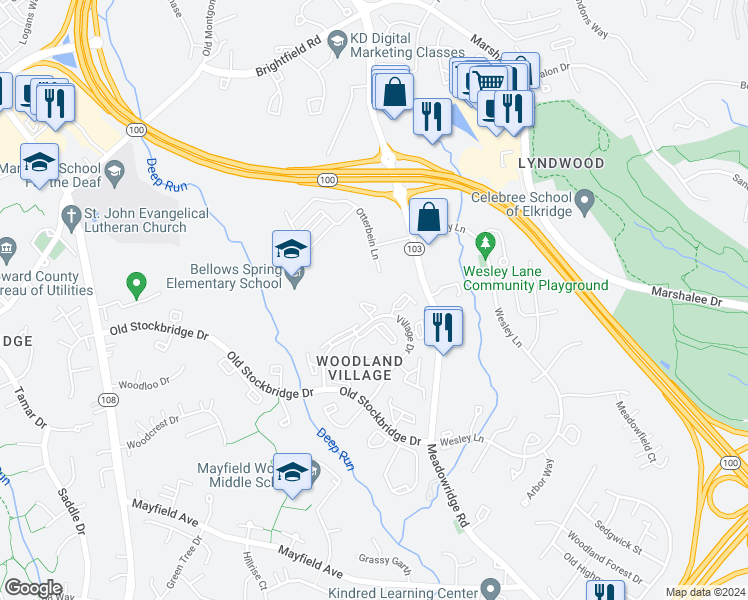 map of restaurants, bars, coffee shops, grocery stores, and more near 7818 Old Litchfield Lane in Ellicott City