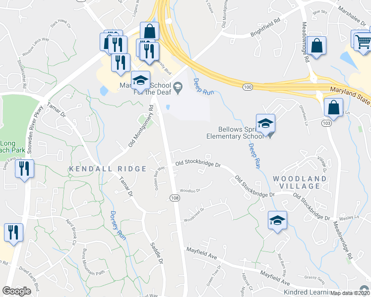 map of restaurants, bars, coffee shops, grocery stores, and more near 6311 Stockbridge Overlook Court in Ellicott City