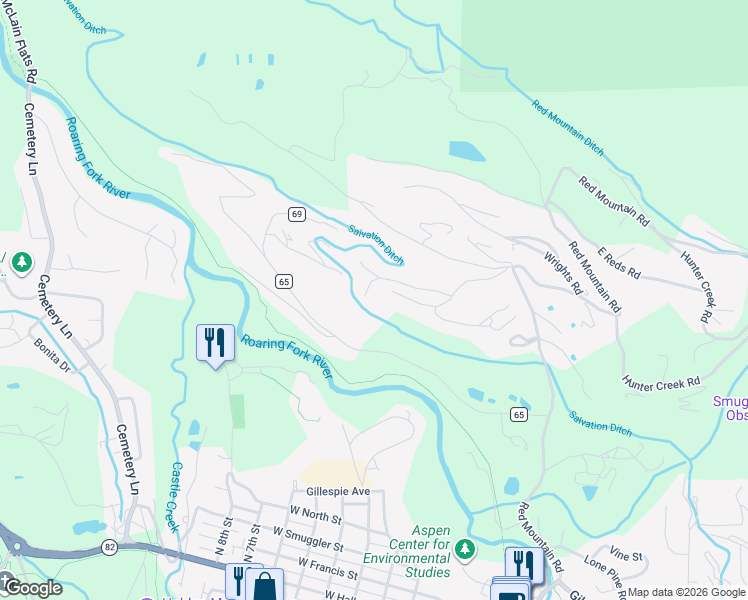 map of restaurants, bars, coffee shops, grocery stores, and more near 180 Bonita Drive in Aspen