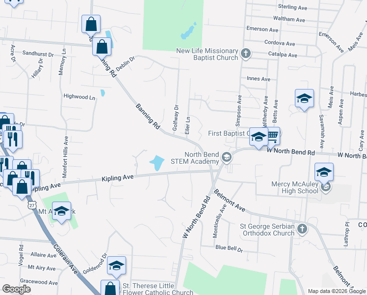 map of restaurants, bars, coffee shops, grocery stores, and more near 2277 Banning Road in Cincinnati