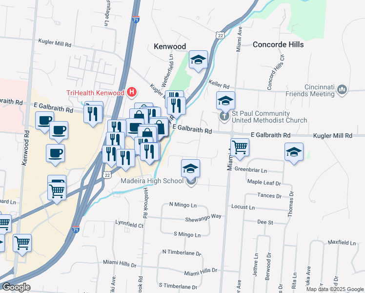 map of restaurants, bars, coffee shops, grocery stores, and more near 7223 Crinstead Court in Cincinnati