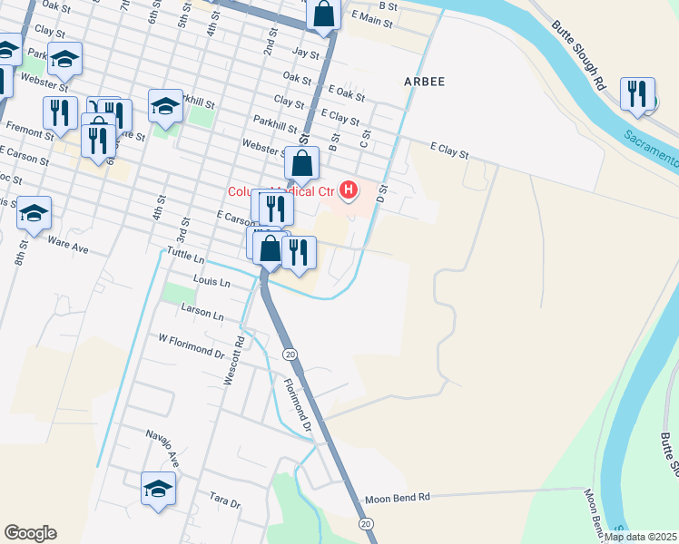map of restaurants, bars, coffee shops, grocery stores, and more near 195 East Carson Street in Colusa