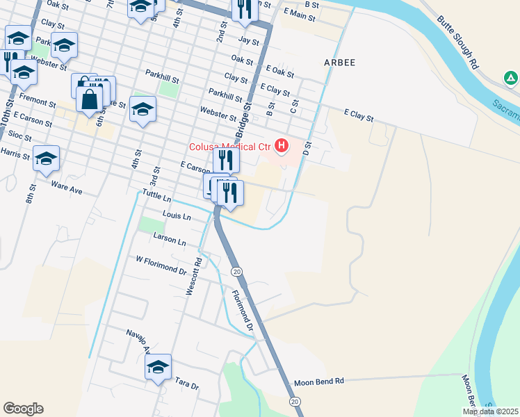 map of restaurants, bars, coffee shops, grocery stores, and more near 1017 Bridge St in Colusa