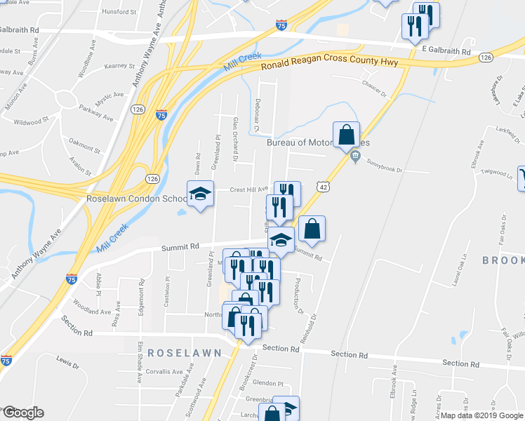 map of restaurants, bars, coffee shops, grocery stores, and more near 7748 Newbedford Avenue in Cincinnati