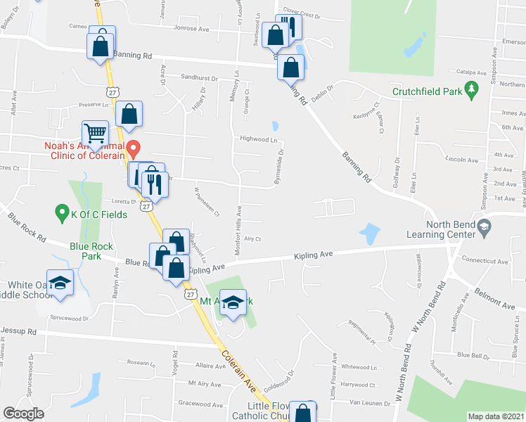map of restaurants, bars, coffee shops, grocery stores, and more near 2501 Flanigan Court in Cincinnati