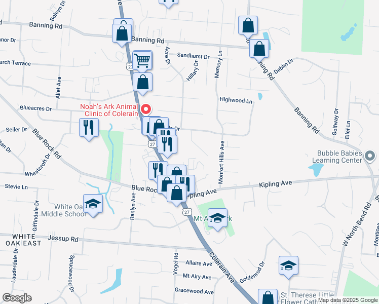 map of restaurants, bars, coffee shops, grocery stores, and more near 5898 Shadymist Lane in Cincinnati