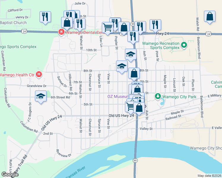 map of restaurants, bars, coffee shops, grocery stores, and more near 608 Vine Street in Wamego