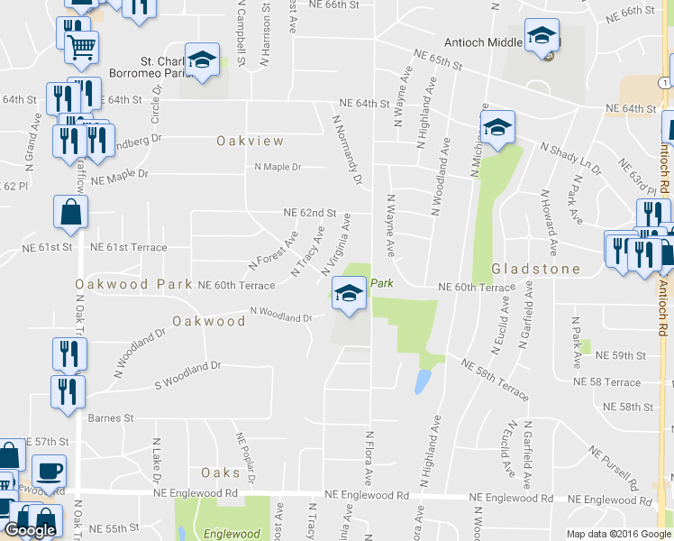 map of restaurants, bars, coffee shops, grocery stores, and more near 6103 North Virginia Avenue in Kansas City