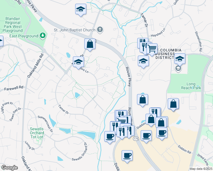 map of restaurants, bars, coffee shops, grocery stores, and more near 8981 Footed Ridge in Columbia