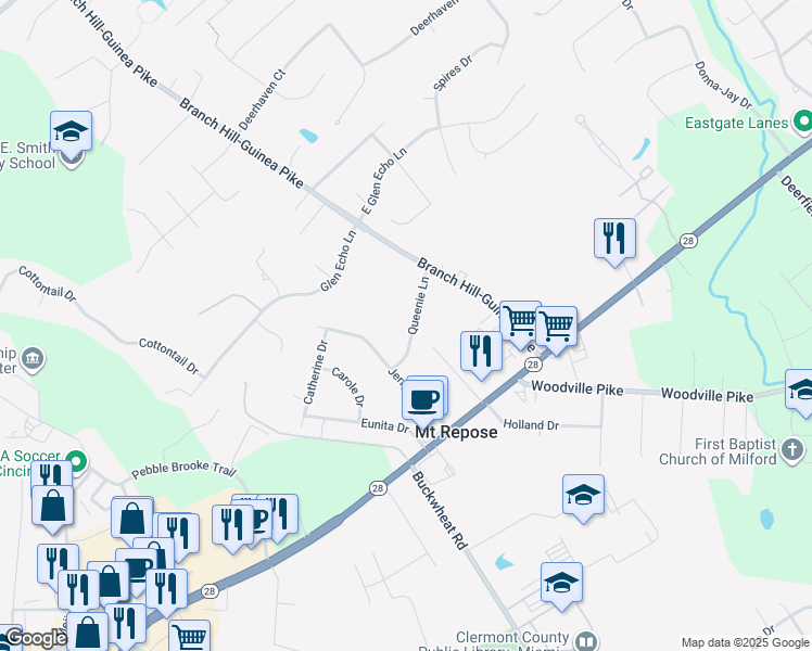map of restaurants, bars, coffee shops, grocery stores, and more near 1205 Queenie Lane in Milford
