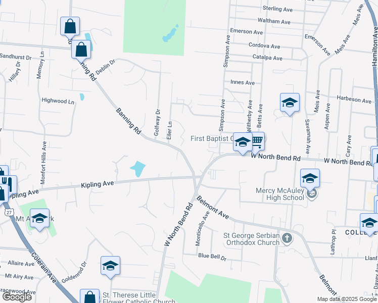 map of restaurants, bars, coffee shops, grocery stores, and more near 6292 Banning Road in Cincinnati