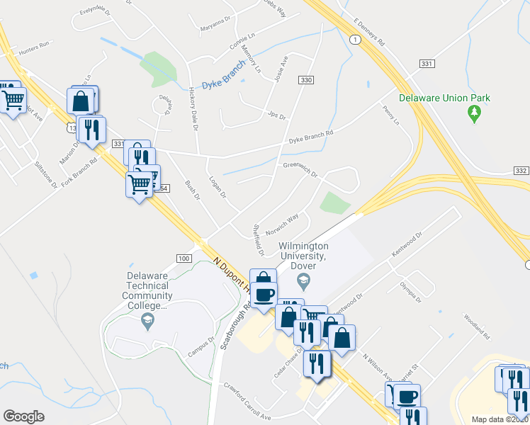 map of restaurants, bars, coffee shops, grocery stores, and more near 157 Sheffield Drive in Dover