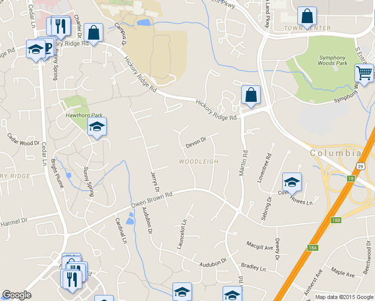 map of restaurants, bars, coffee shops, grocery stores, and more near 6163 Devon Drive in Columbia