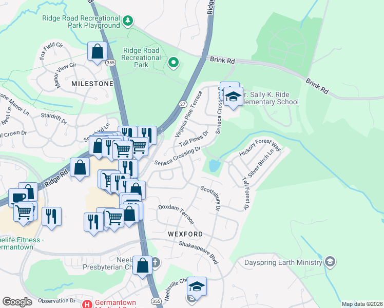 map of restaurants, bars, coffee shops, grocery stores, and more near 21117 Tall Cedar Way in Germantown