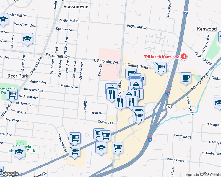 map of restaurants, bars, coffee shops, grocery stores, and more near 7974 Festive Court in Cincinnati