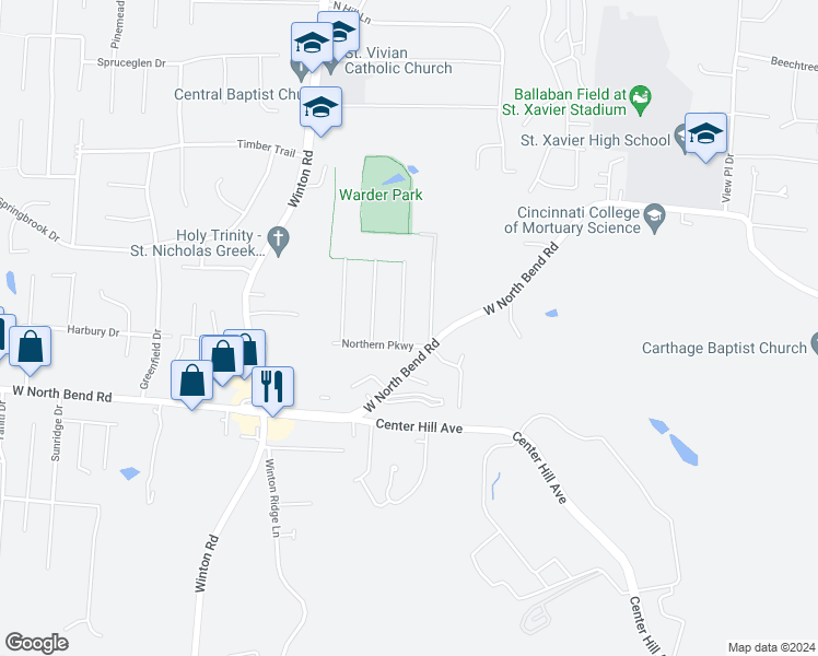 map of restaurants, bars, coffee shops, grocery stores, and more near 6733 Warder Drive in Cincinnati