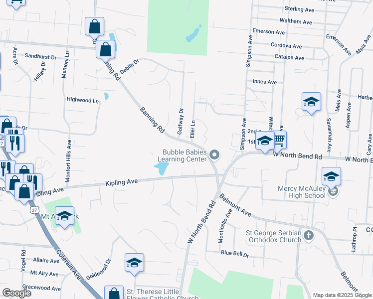 map of restaurants, bars, coffee shops, grocery stores, and more near 2261 Banning Road in Cincinnati
