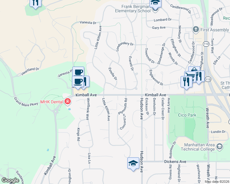 map of restaurants, bars, coffee shops, grocery stores, and more near 2000 Estella Drive in Manhattan