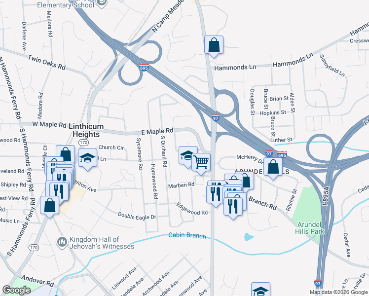 map of restaurants, bars, coffee shops, grocery stores, and more near 702 Juniper Road in Linthicum Heights