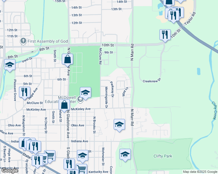map of restaurants, bars, coffee shops, grocery stores, and more near 497 Morningside Drive in Columbus