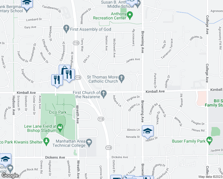 map of restaurants, bars, coffee shops, grocery stores, and more near 3020 Kimball Avenue in Manhattan