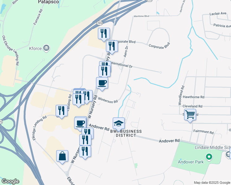 map of restaurants, bars, coffee shops, grocery stores, and more near 1160 Winterson Road in Linthicum Heights