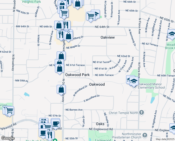 map of restaurants, bars, coffee shops, grocery stores, and more near 6105 Northeast Meadow Lane in Kansas City