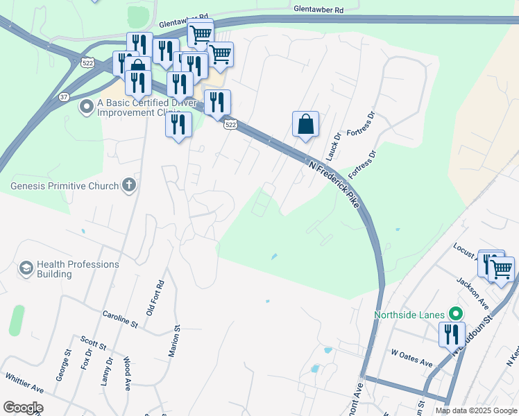 map of restaurants, bars, coffee shops, grocery stores, and more near 106 Reign Way in Winchester